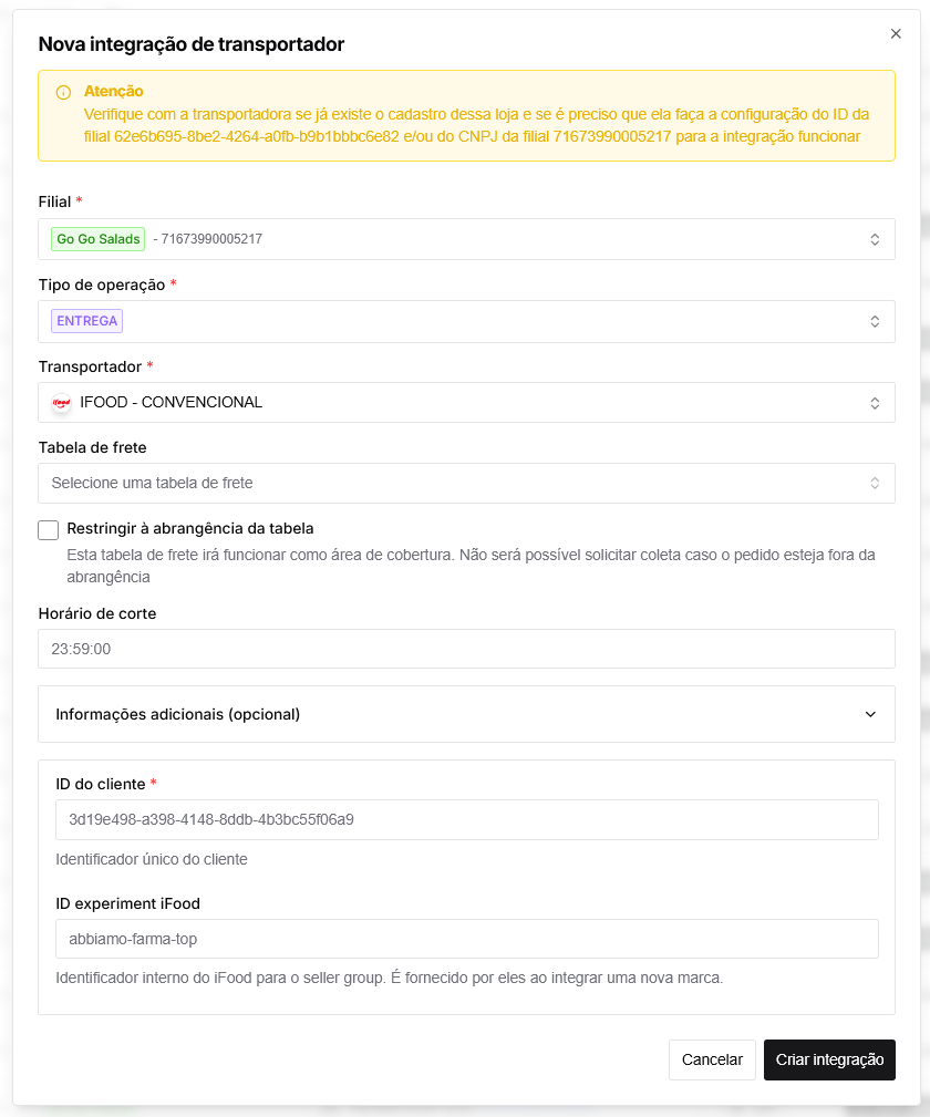 Dialog de cadastro de integração iFood no dashboard