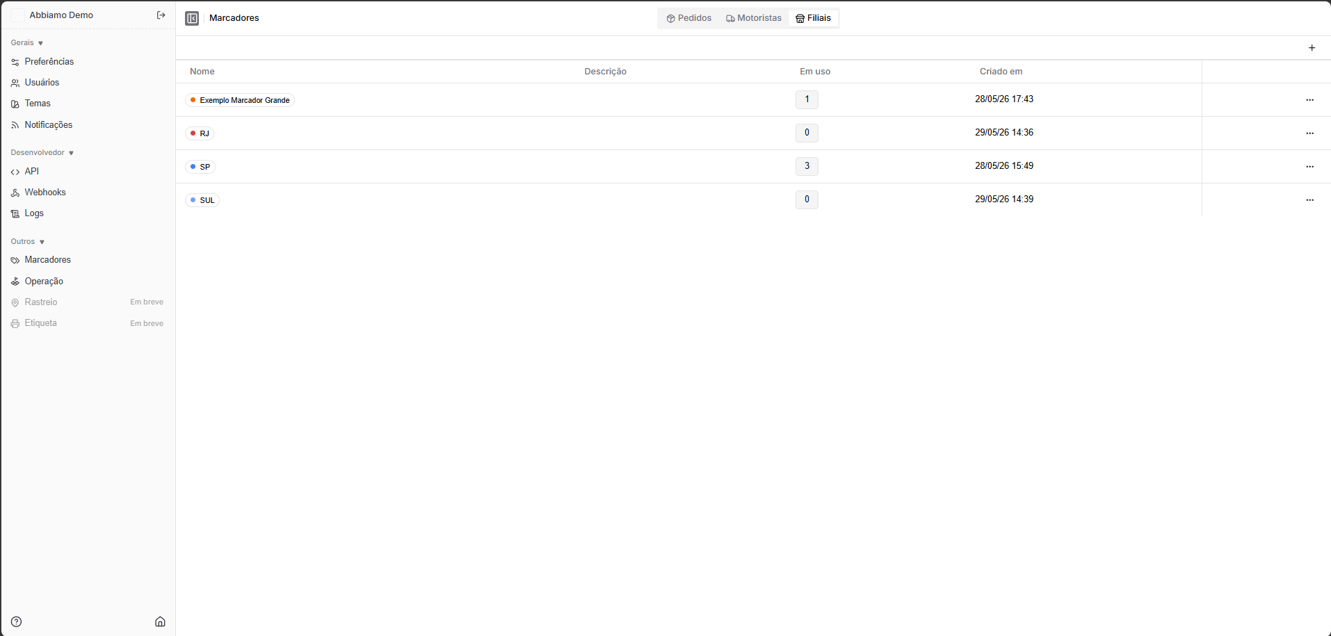 Tela de marcadores em Configurações, com marcadores coloridos cadastrados