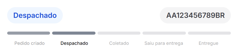 Linha do selo de status na página de rastreio: o selo "Despachado" à esquerda, uma pílula cinza com o código dos Correios à direita e a barra de progresso logo abaixo