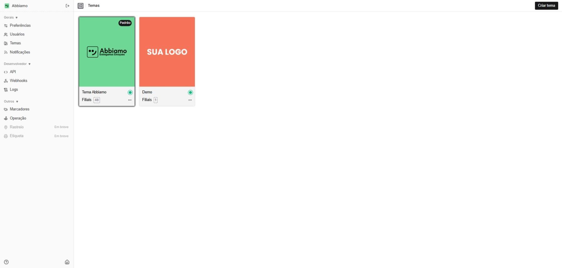 Listagem de temas no dashboard