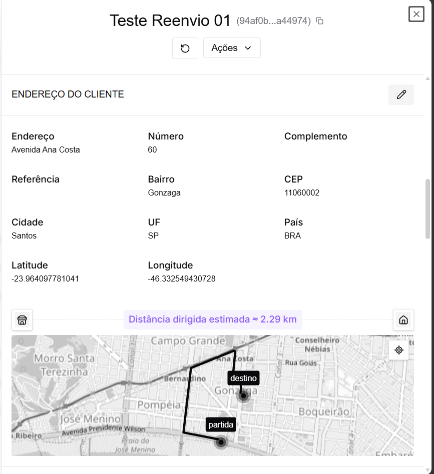 Sidepanel do pedido com o mapa do trajeto abaixo do endereço do cliente