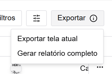 Menu "Exportar" aberto na tela de Pedidos, com as opções "Exportar tela atual" e "Gerar relatório completo"