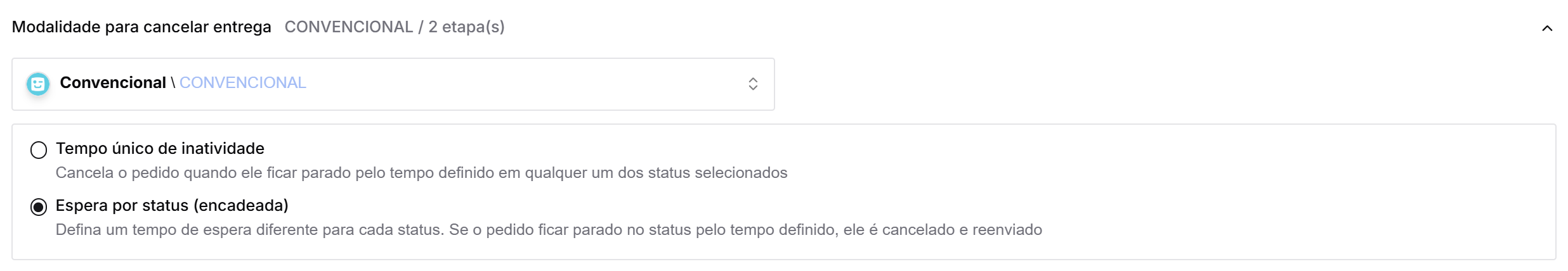 Seletor de modalidade de espera, com as opções "Tempo único de inatividade" e "Espera por status (encadeada)"