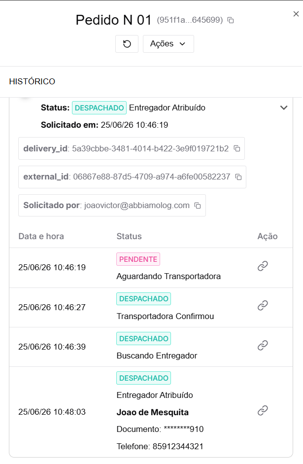 Painel do pedido no dashboard com histórico em "Entregador Atribuído"