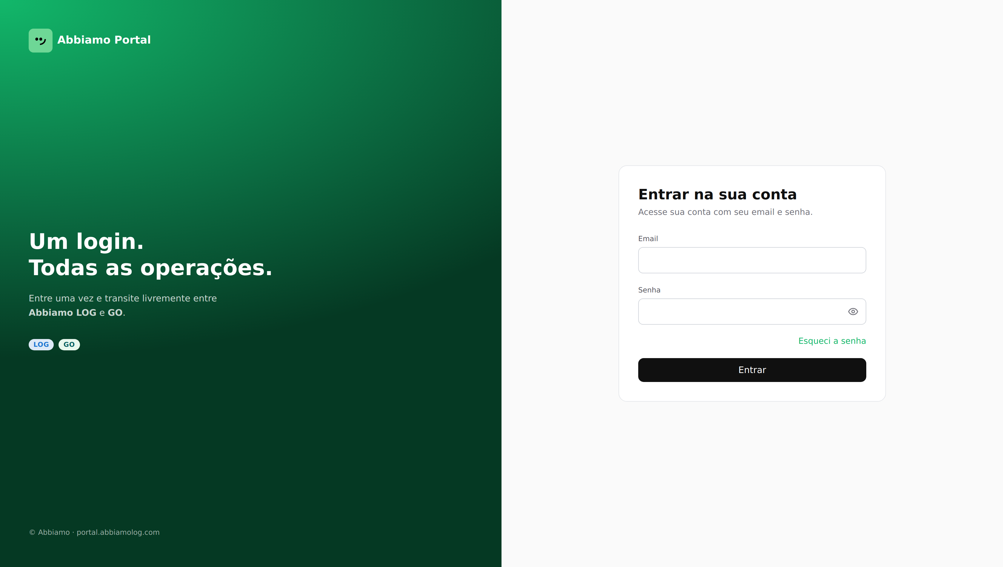 Tela de login do Abbiamo Portal: um único campo de email e senha, sem precisar escolher operação antes de entrar