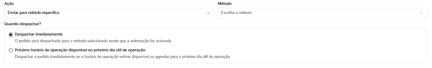 Seção "Quando despachar?" dentro do dialog de criação de regra
