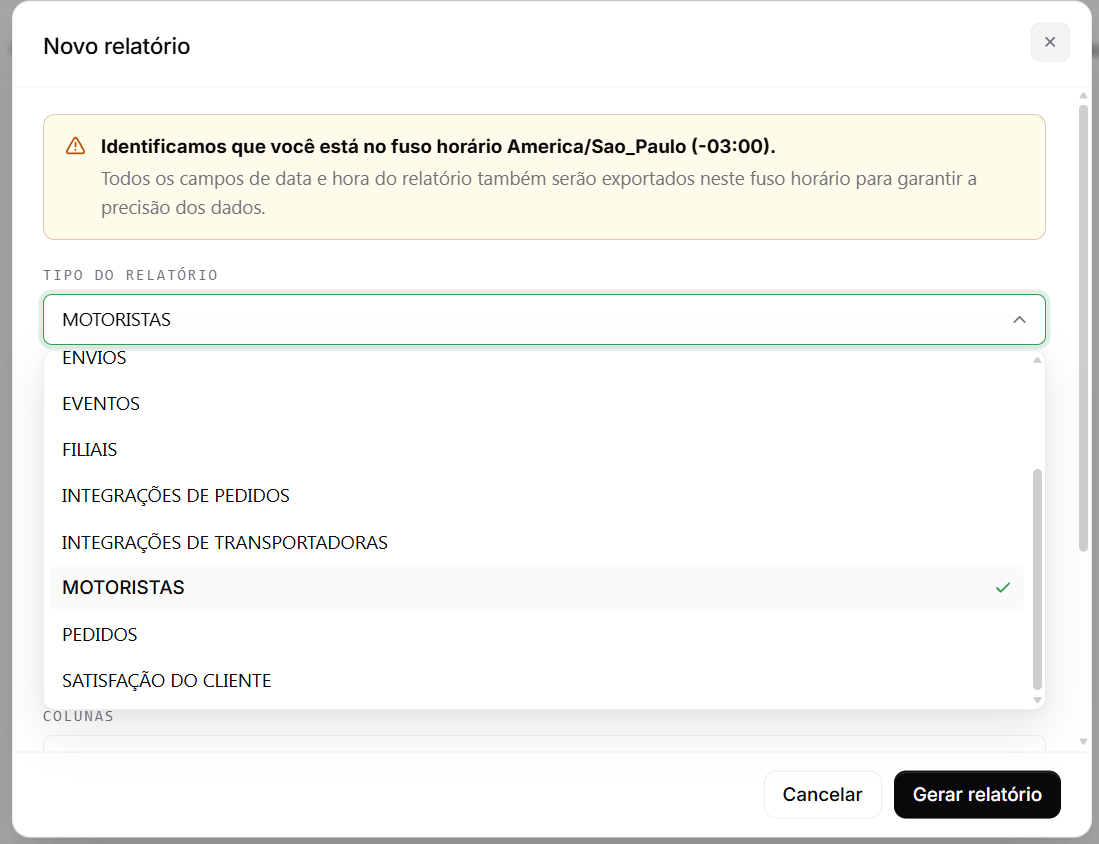 Modal de novo relatório com o tipo MOTORISTAS selecionado na lista de tipos de relatório