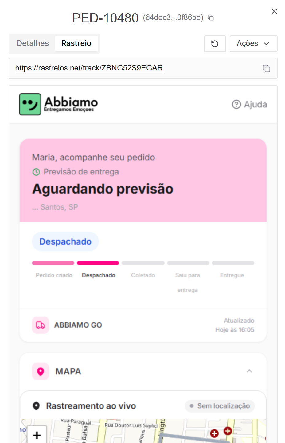 Aba Rastreio aberta no painel, com a barra do link copiável no topo e a página pública de acompanhamento carregada abaixo