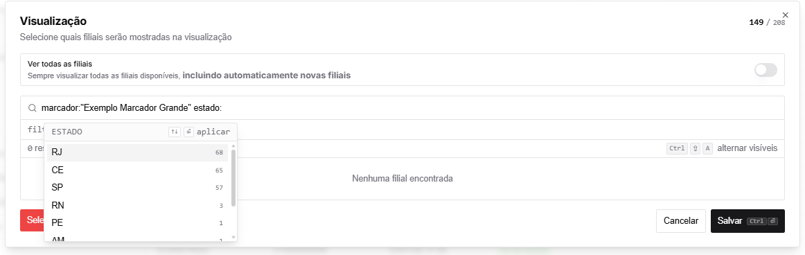 Autocomplete inline sugerindo valores de cidade com a contagem de filiais ao lado