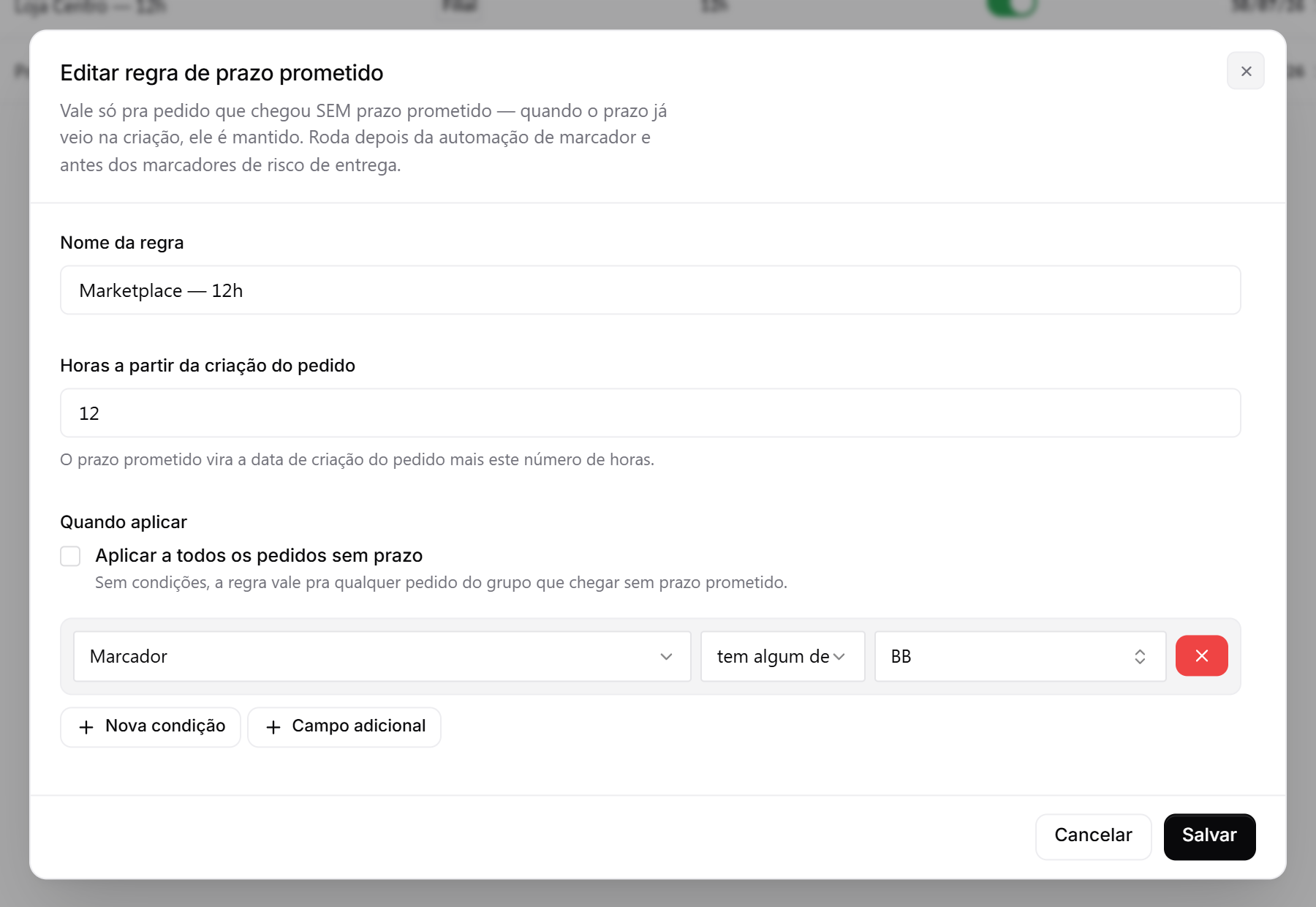 Formulário da automação com o nome, as horas a partir da criação e uma condição por Marcador usando o operador "tem algum de"