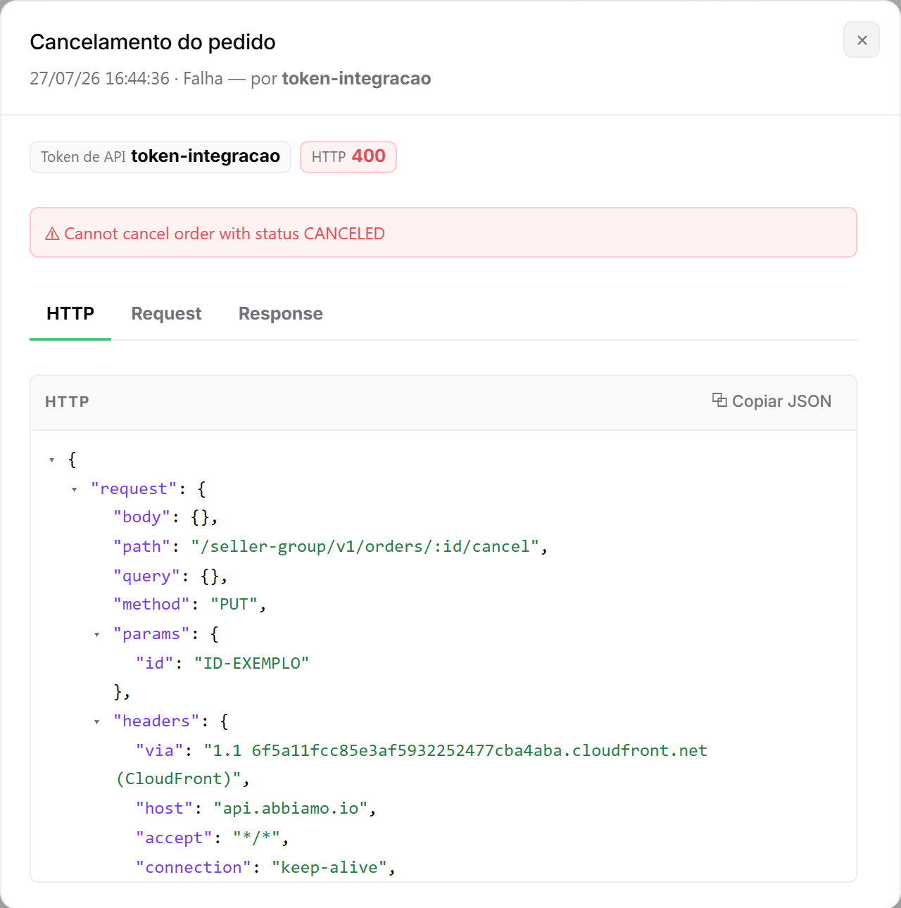 Modal de detalhes de um log: título da ação, chave de API que fez, código HTTP, a mensagem de erro em destaque e as abas HTTP, Request e Response com o JSON navegável