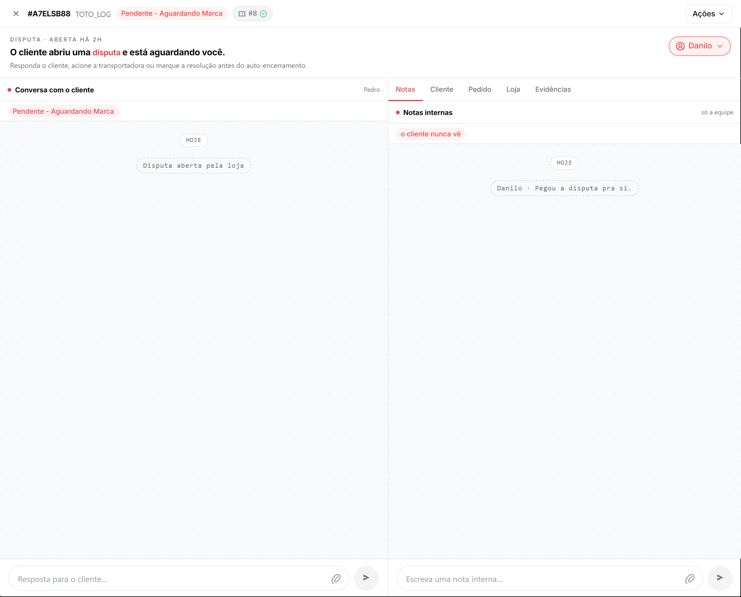 Painel da disputa: conversa com o cliente à esquerda, notas internas à direita, com abas de pedido, cliente, loja e evidências