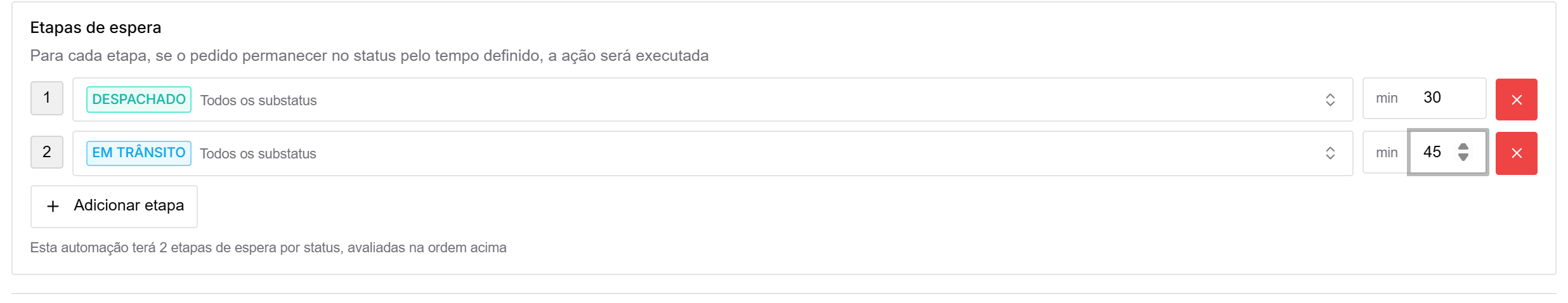 Lista de "Etapas de espera" com as etapas Despachado e Em trânsito, cada uma com o seu tempo em minutos