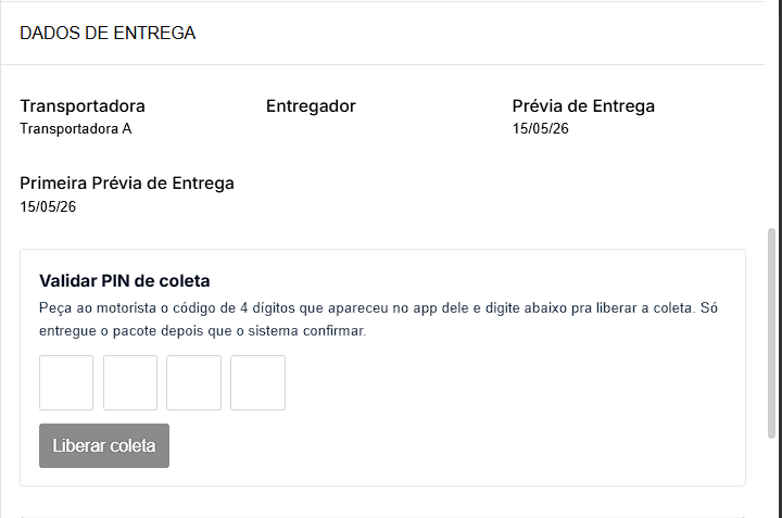 Bloco "Validar PIN de coleta" no estado inicial, com input de 4 dígitos vazio