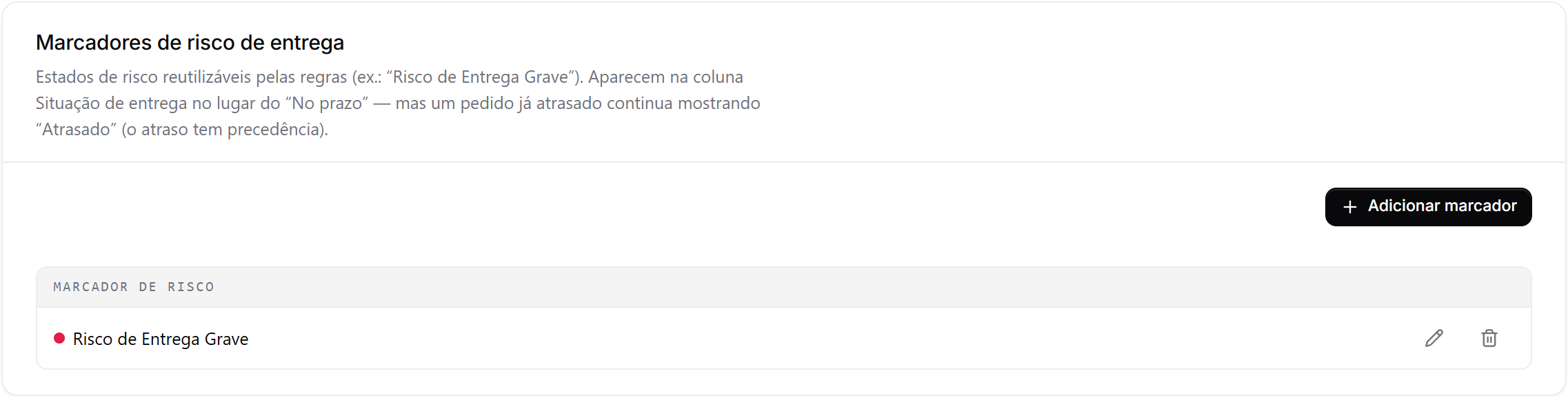 Card "Marcadores de risco de entrega" com o marcador Risco de Entrega Grave e o botão Adicionar marcador
