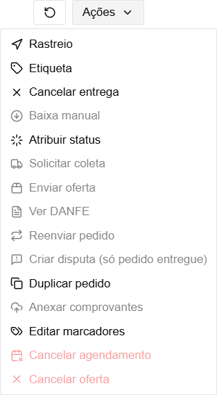 Menu Ações do pedido com a opção "Cancelar entrega"