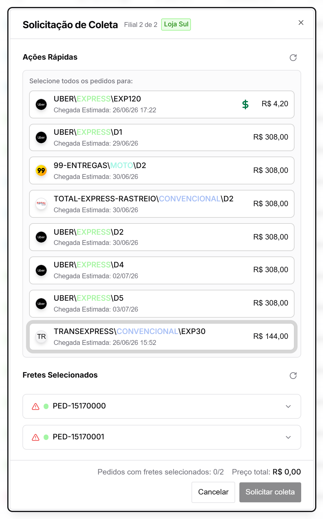 Modal "Solicitação de Coleta" com as Ações Rápidas listando as transportadoras disponíveis e o preço do frete de cada uma