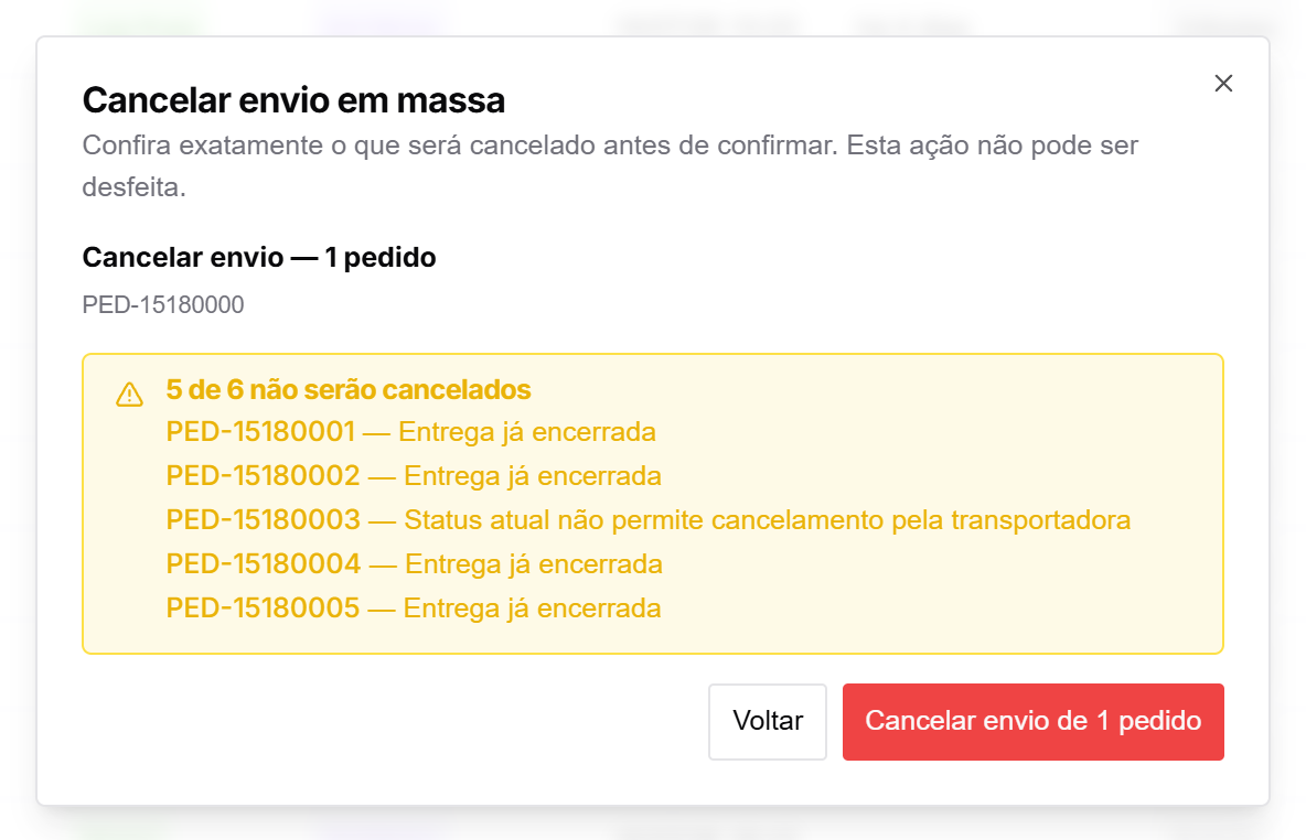 Resumo de cancelamento em massa mostrando os pedidos agrupados por tipo de cancelamento e um aviso com os pedidos que não serão cancelados e o motivo