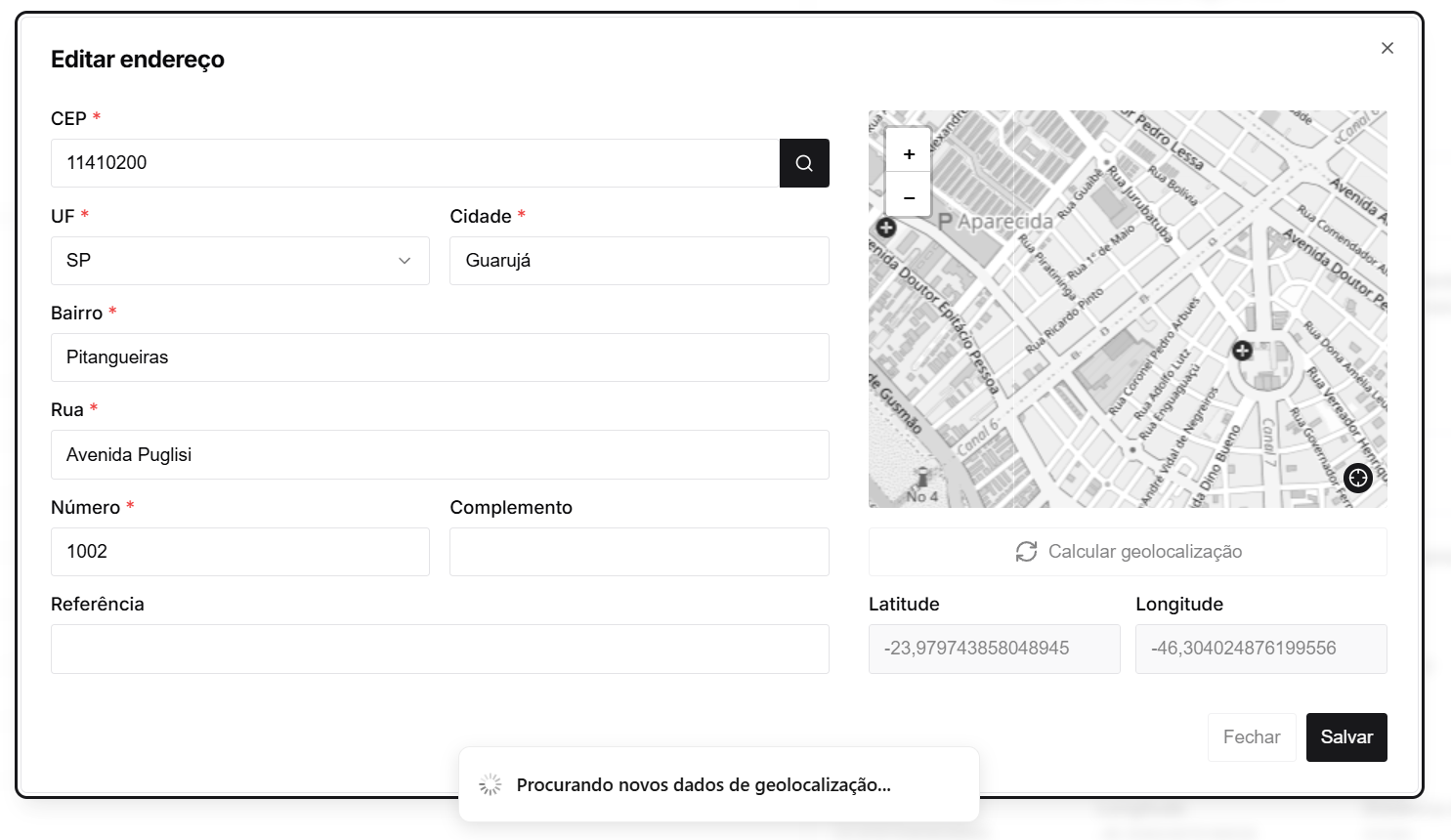 Toast de recálculo de geolocalização aparecendo ao sair do campo número