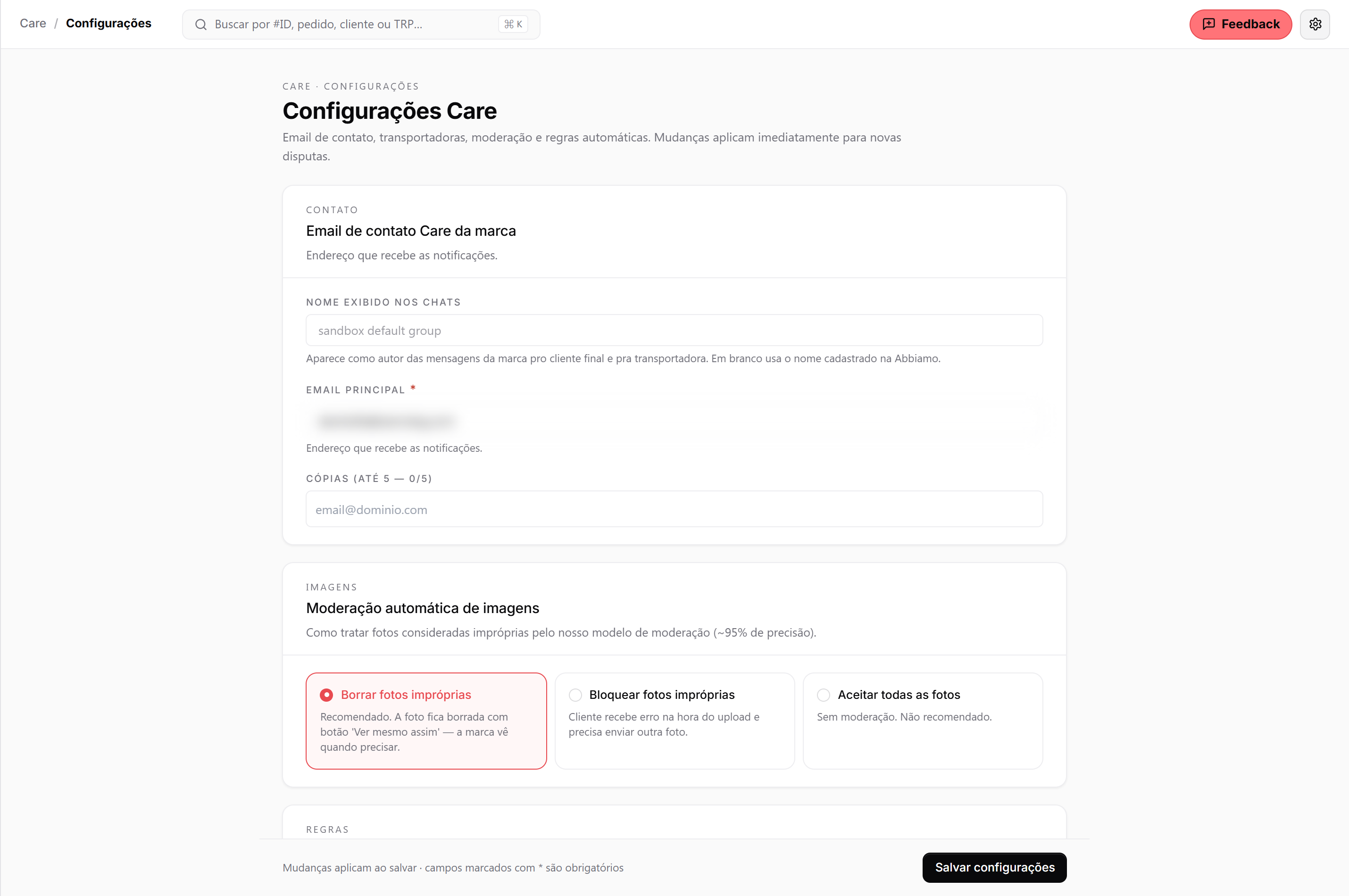 Tela de Configurações do Care: contato da marca e moderação automática de imagens