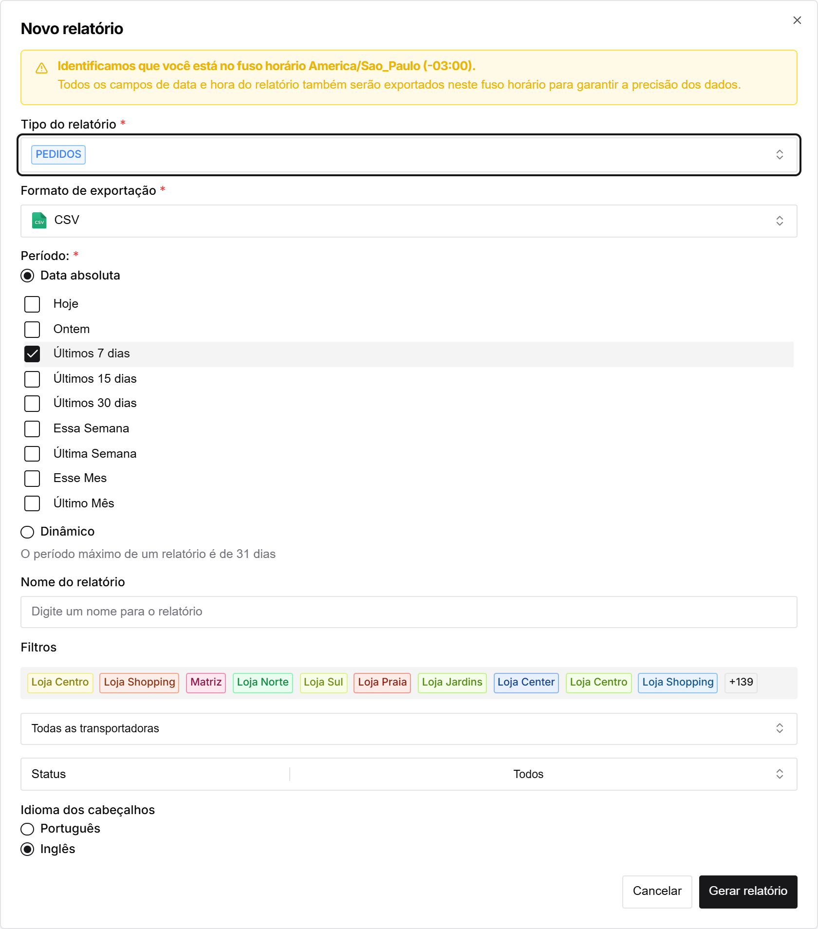 Modal "Novo relatório" com tipo Pedidos, formato, período, filiais, transportadoras, status e idioma dos cabeçalhos