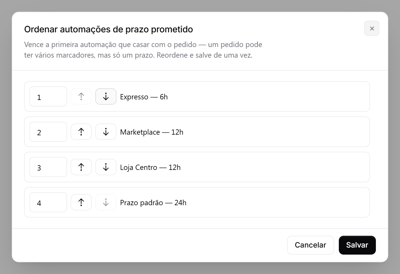 Modal de reordenação com as três automações, cada uma com a posição e setas para subir e descer