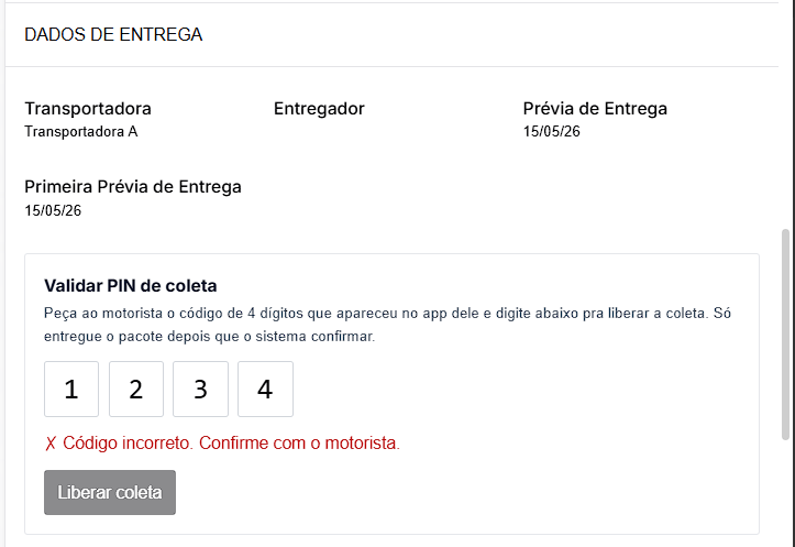 PIN incorreto, mensagem em vermelho abaixo do input