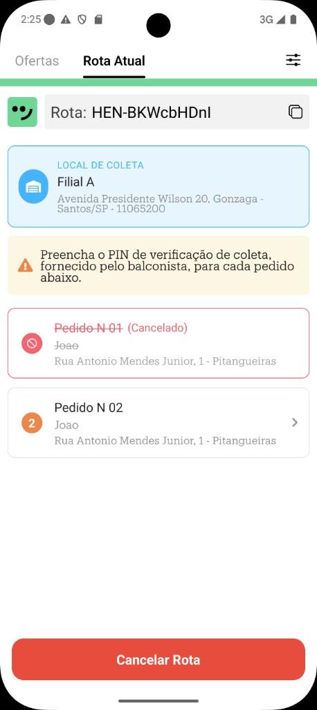 App do motorista: pedido cancelado na lista da rota, com destaque visual
