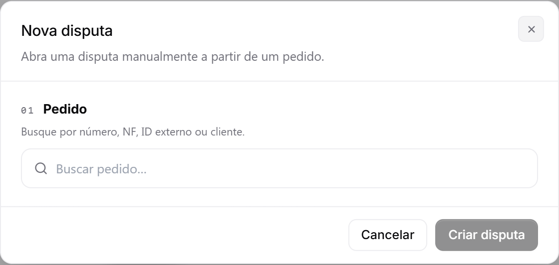 Modal de nova disputa manual: busca do pedido por número, NF, ID externo ou cliente