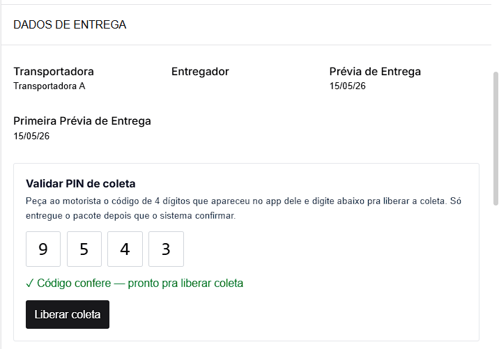 PIN correto, mensagem em verde e botão "Liberar coleta" habilitado