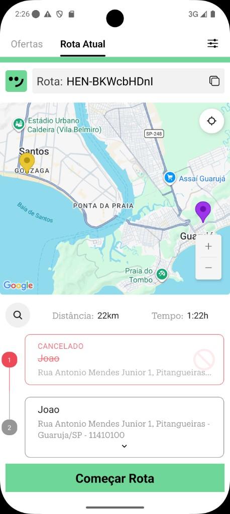 App do motorista: mapa da rota com parada cancelada em vermelho
