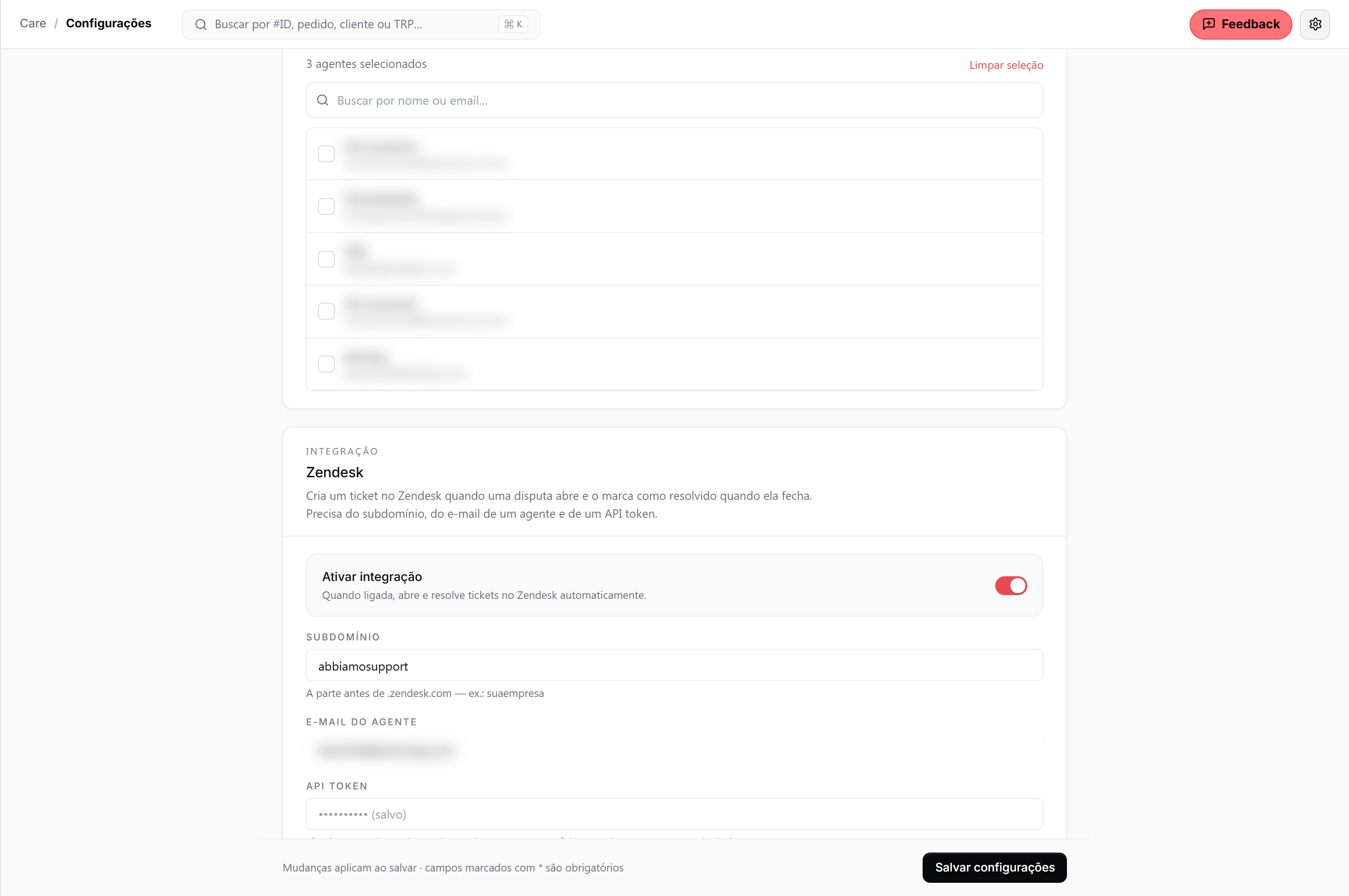 Configuração da integração Zendesk: toggle de ativar, subdomínio, e-mail do agente e API token