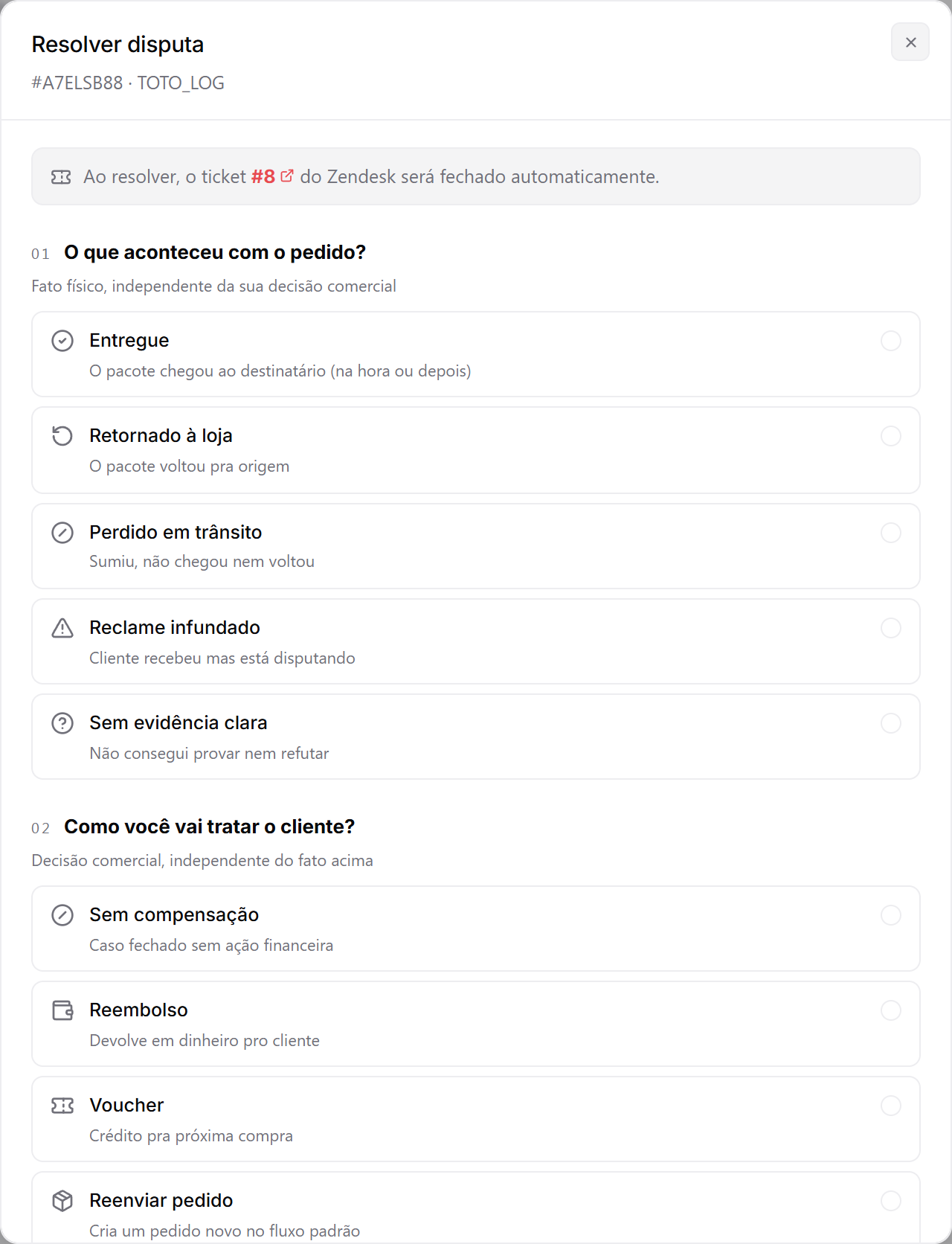 Modal de resolução da disputa: escolha do desfecho (entregue, retornado, perdido…) e da compensação (reembolso, voucher, reenvio…)