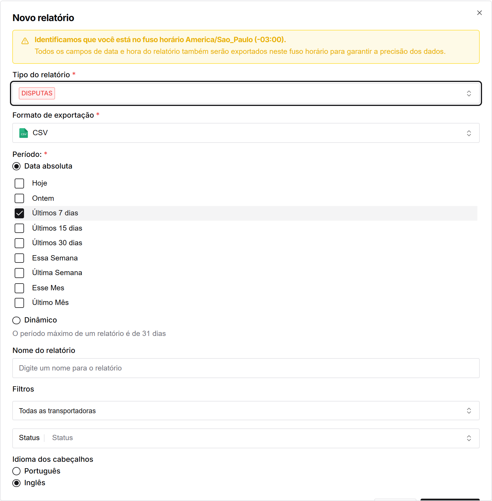 Modal de novo relatório com o tipo Disputas pré-selecionado, escolha de período e filtros