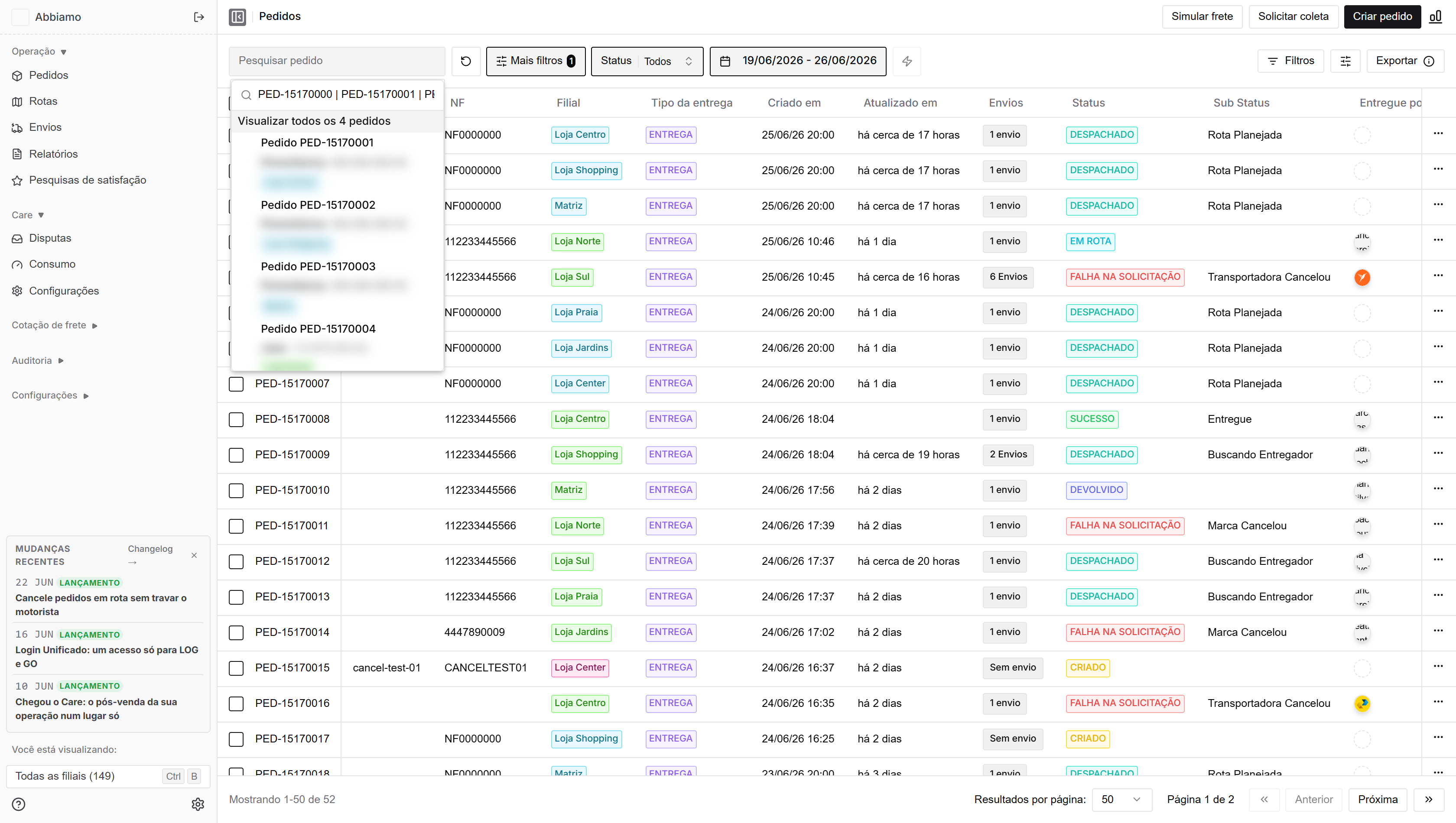 Campo de busca com vários pedidos colados e a opção "Visualizar todos os 4 pedidos" no topo do dropdown