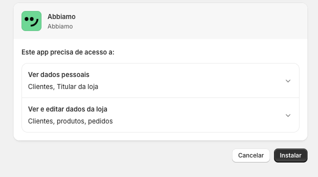 Instalação do app na loja Shopify