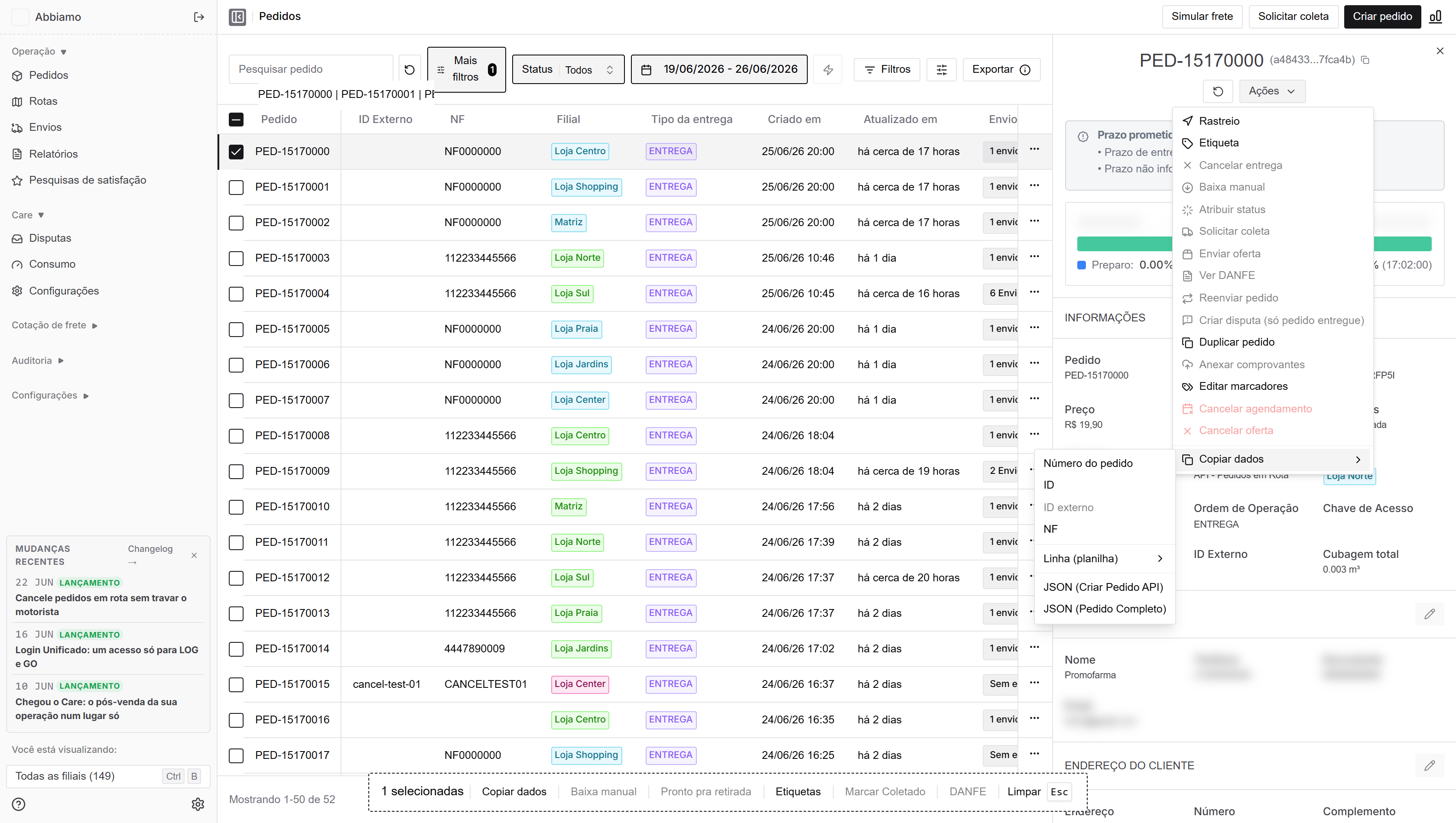 Painel de detalhes do pedido aberto, com o menu Ações → Copiar dados mostrando as opções de JSON (Criar Pedido API e Pedido Completo)