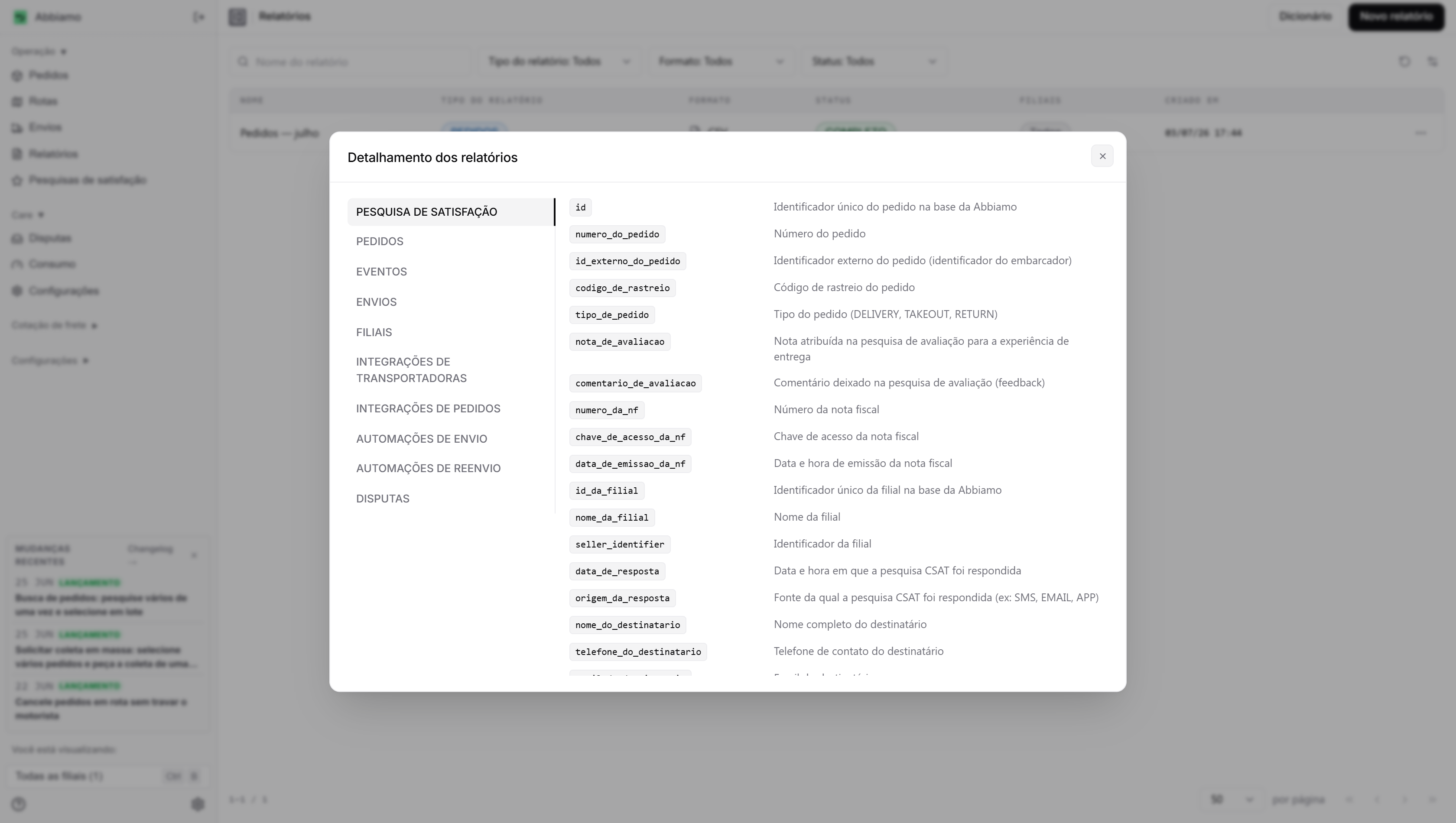 Dicionário de dados com abas verticais por tipo de relatório e a lista de colunas com nome técnico e descrição