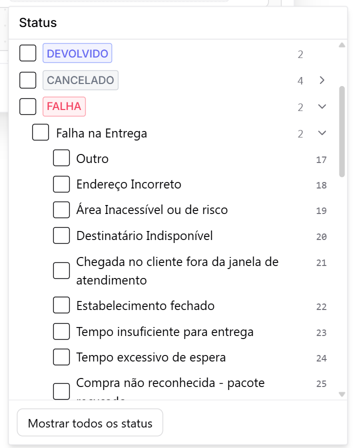 Árvore de Status aberta em Falha › Falha na Entrega, listando os motivos com o código do app do entregador ao lado: Endereço Incorreto 18, Destinatário Indisponível 20, Estabelecimento fechado 22