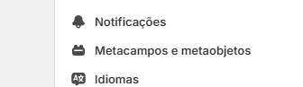 Item Metacampos e metaobjetos no menu de Configurações