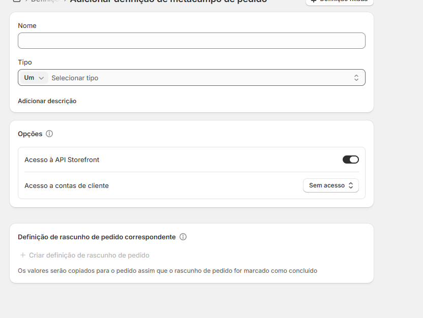 Formulário vazio de criação de definição
