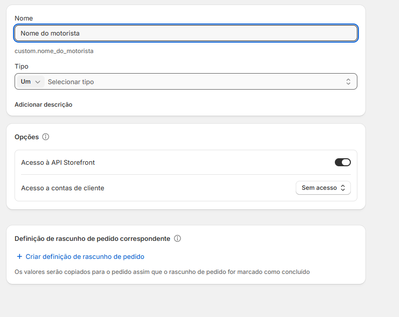 Campo Nome preenchido, com identificador custom.nome_do_motorista gerado abaixo