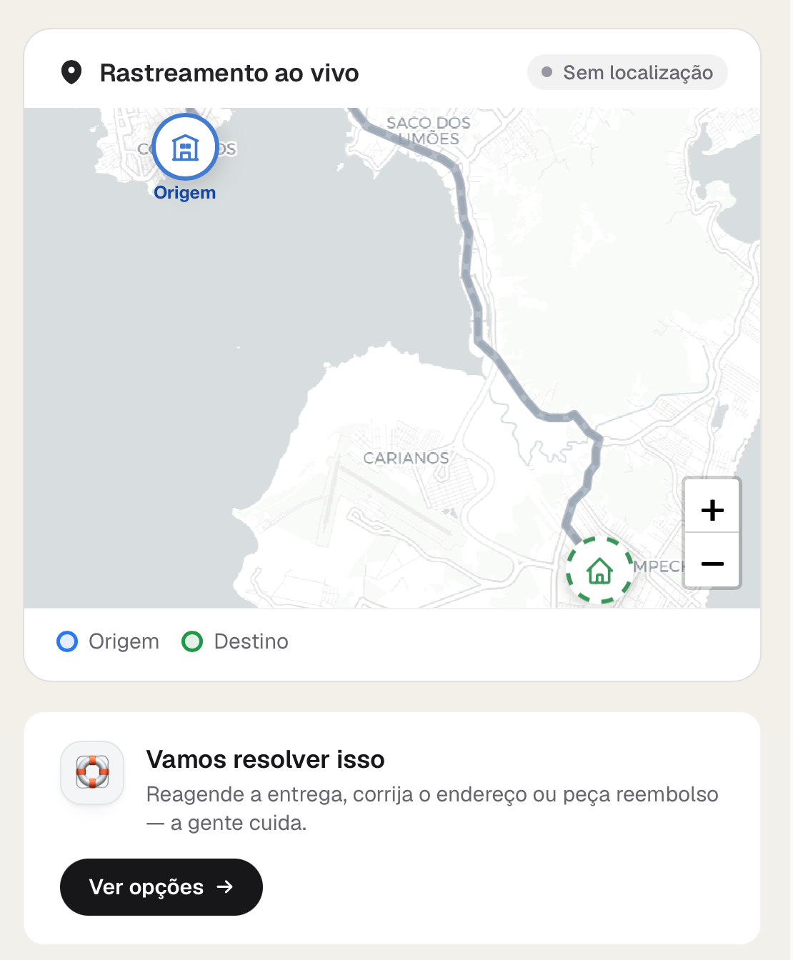 Mapa da entrega com falha e o card 'Vamos resolver isso': reagendar, corrigir o endereço ou pedir reembolso