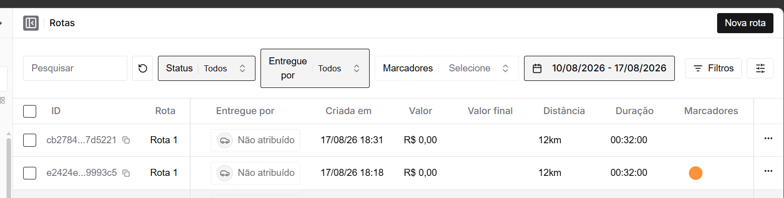 Lista de Rotas com a coluna Marcadores preenchida e o filtro Marcadores no topo da tela